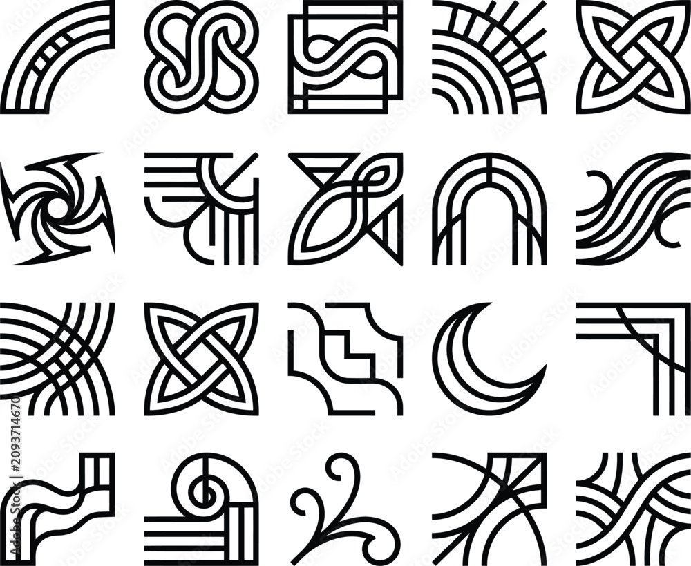 Obraz premium A elaborate array of various geometric patterns and non-representational symbolic line rendering icons for original structure layout projects.