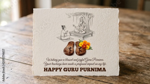  Happy Guru Purnima - Simple and Elegant Card with Wooden Padukas and Floral Tribute