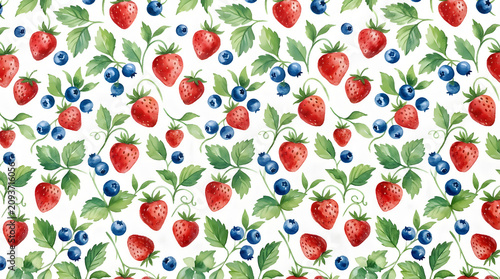 Watercolor Wild Strawberry and Blueberry Seamless Pattern - Whimsical Berry Botanical Background for Textiles and Packaging