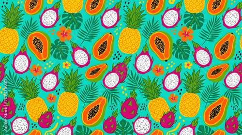 Seamless Tropical Fruit Pattern - Vibrant Vector Background with Pineapple, Papaya, and Dragon Fruit