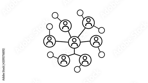 White animated social network icon. Network of connected people with peripheral circle nodes, ideal for illustrating social networks, teamwork, connectivity, relationships, communication, technology.