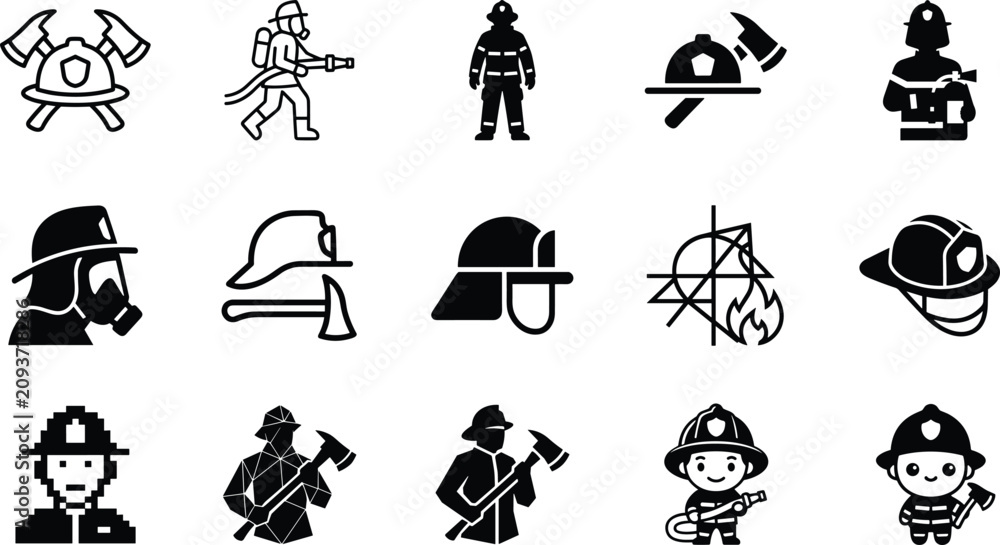 Obraz premium Set of black firefighter icons with helmets axes and rescue equipment for emergency services and fire safety design projects