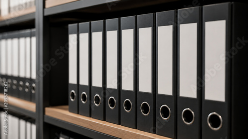 Neatly arranged black binders with white labels on wooden shelves in an office or archive setting.