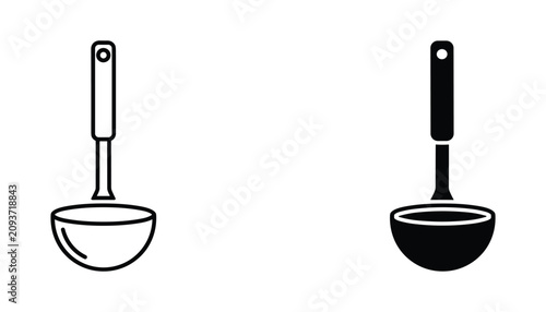 Kitchen ladle utensil icon set for cooking and culinary preparation tasks featuring outline and solid black shapes for restaurant menus and household appliance digital interface designs