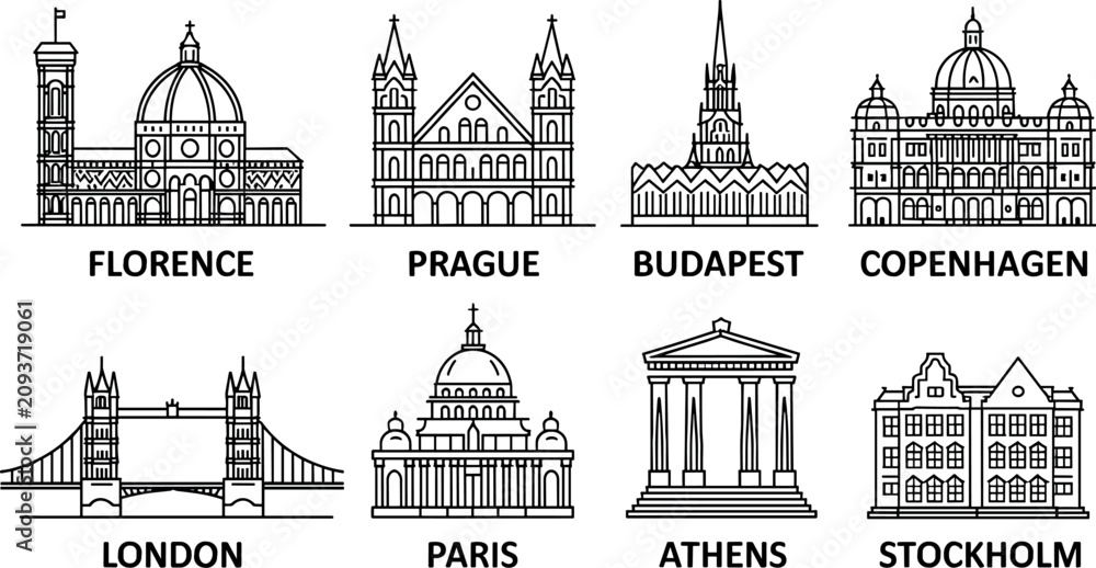 Obraz premium Flat European city landmarks vector icon set modern minimalist travel architecture destination silhouette collection