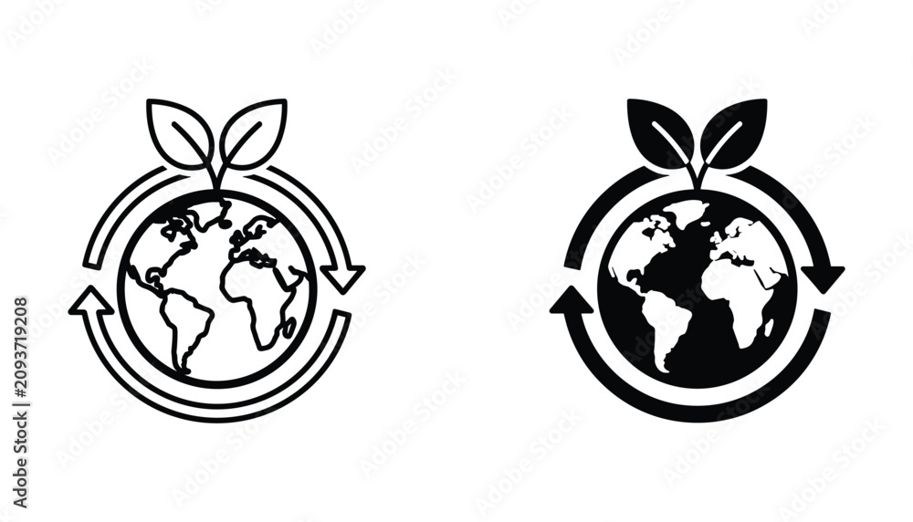Fototapeta premium Earth globe with growing leaves icon set representing environmental conservation and global sustainability concepts in outline and solid black graphic styles on a white background