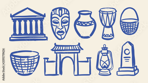 Blue hand drawn cultural icons set featuring historical monuments tribal mask ceramic vase drum basket asian gate lantern and obelisk vector illustration
