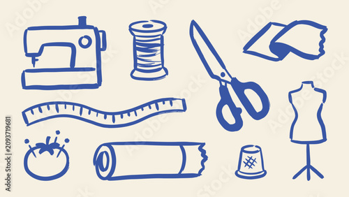 Foto Blue hand drawn sewing and tailoring icons vector set featuring sewing machine s