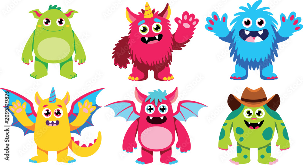 Naklejka premium Flat monster icon set modern minimalist alien creature character face collection for app ui designs