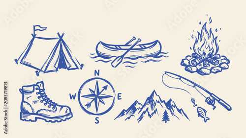 Foto Hand drawn camping and outdoor adventure icon set with tent canoe campfire boot