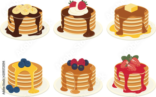 Fotografía Sweet pancakes stacks with various delicious toppings isolated on white backgrou