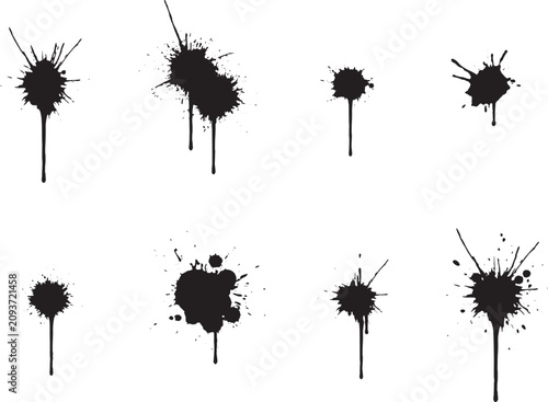 Foto Set of black ink splashes and paint drops with dripping stains isolated on transparent vector
