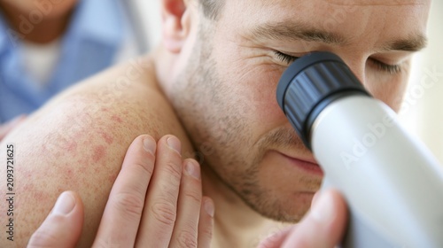 Close-up of dermatologist examining man's skin rash with magnifying device for diagnosis and treatment