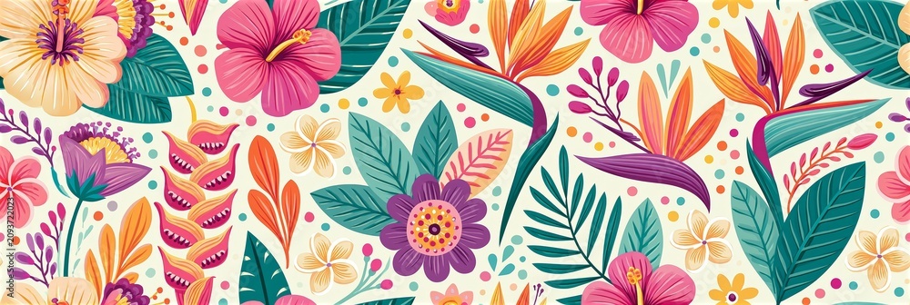Fototapeta premium Seamless tropical pattern with vibrant summer flowers and leaves. Vibrant seamless pattern showing various tropical flowers and green leaves on a light background