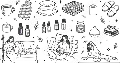 Konstfotografi Cozy lifestyle and aromatherapy line icon set featuring self care yoga reading s