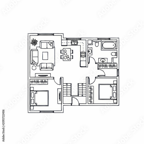 Modern two bedroom apartment floor plan layout.