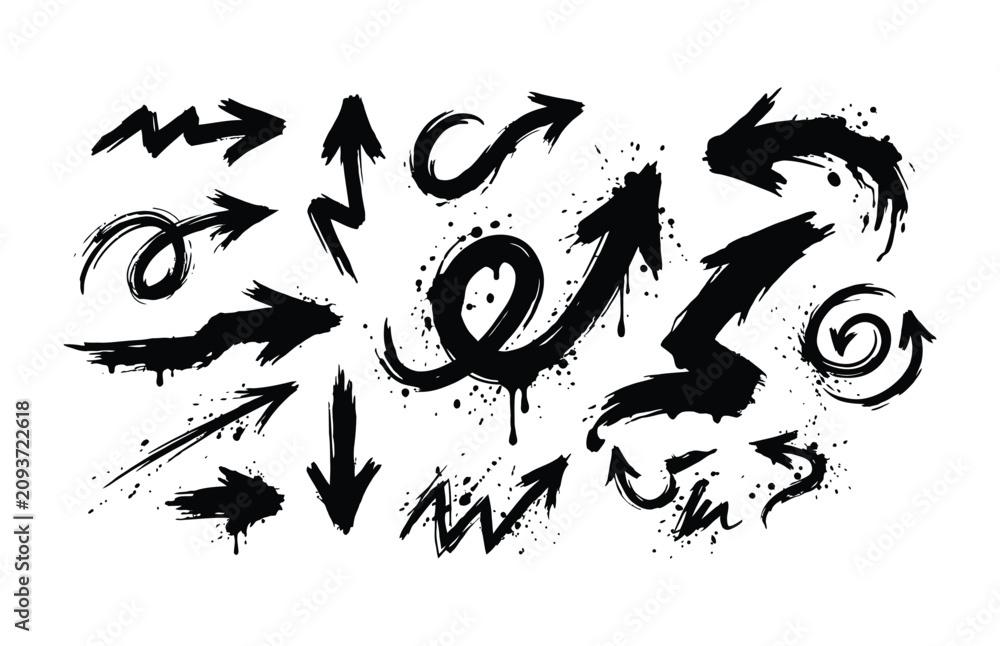 Fototapeta premium Set of black hand-drawn arrows and swirls for design elements