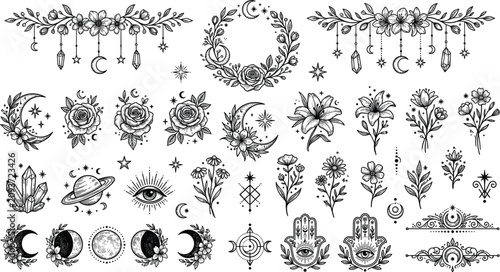 Schilderij op canvas Mystical occult celestial tattoo sketch set featuring moon phases evil eye hamsa