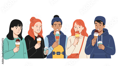 Group of five diverse friends standing together and enjoying different flavors of ice cream cones outdoors on a sunny day.