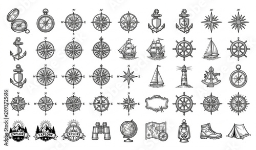 Fotografie Retro Wind Rose and Hiking Compass Sketch Pack Vintage Navigation Vector Illustr