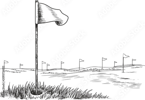 A hand-drawn of a golf course with multiple flags placed across the green putting area
