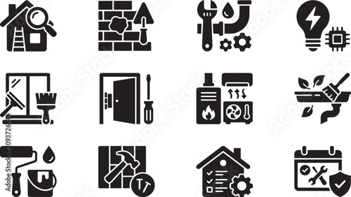Home maintenance icons set, professional house repair and renovation vector symbols, 12 black solid glyphs for construction and handyman services