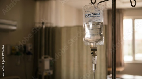 Transparent bag of sterile saline solution hanging from an IV pole in a hospital setting
