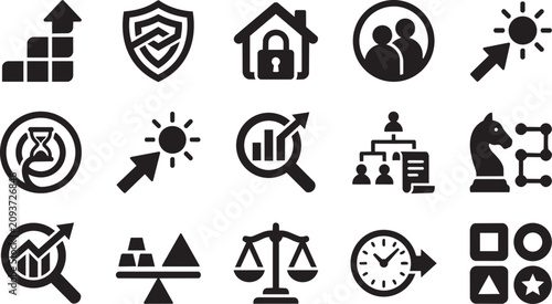 Business strategy icons set, 15 black vector symbols for corporate management, financial growth and strategic planning infographics
