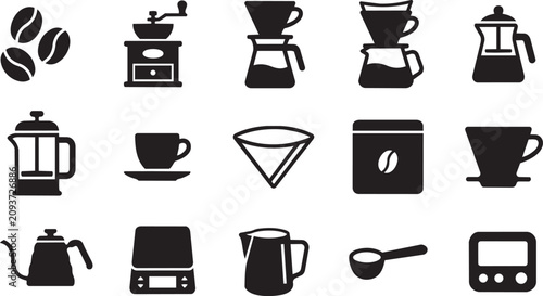 Tableau sur toile Minimalist coffee brewing icons set, 15 black vector silhouettes of barista equi