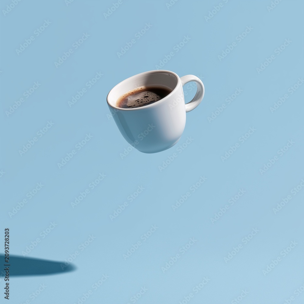 Fototapeta premium Floating Ceramic Coffee Cup on Pastel Blue Background