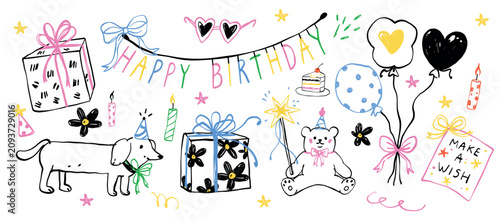 Konstfotografi Vector illustration of happy birthday party doodle clipart set
