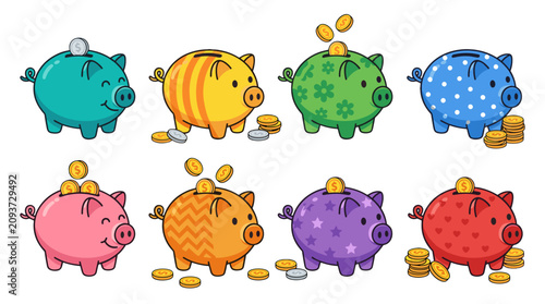 Collection of colorful cartoon piggy bank characters with coins