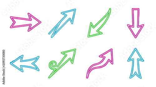 Collection of colorful neon arrow icons pointing in various directions