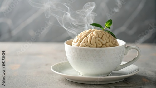 Brain in a coffee cup with steam, symbolizing mental stimulation and coffee