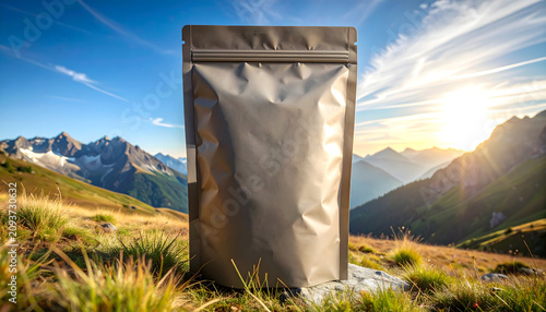 Blank earth-tone zipper pouch displayed on a mountain meadow in warm golden hour light with scenic mountains. For natural products, packaging concepts, and outdoor marketing visuals.