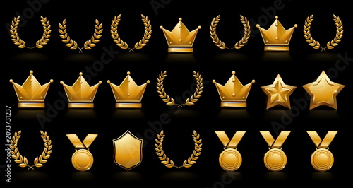 Golden award medals and crowns collection 勲章と王冠のセット