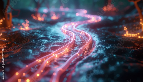 Vibrant Glowing Biological Pathway Illuminated with Interconnected Energy Streams