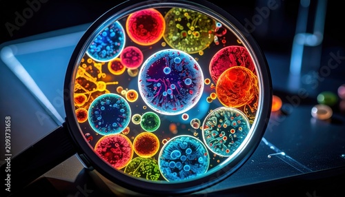 Vibrant microscopic cell cultures observed under magnification in a laboratory setting