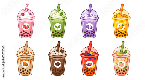 Collection of colorful bubble tea drinks with tapioca pearls in various flavors and colors