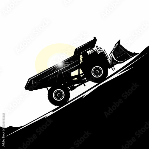 Bild auf Leinwand Heavy duty dump truck on steep incline silhouette.
