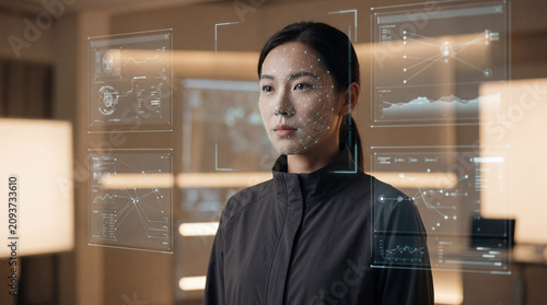 Woman with Facial Recognition Grid Overlay Surrounded by Biometric Data Panels