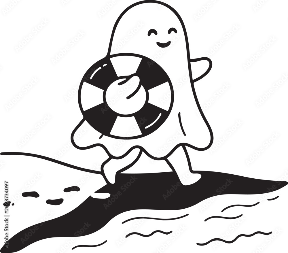 Fototapeta premium Minimalist outline of happy ghost character enjoying summer beach walk with lifebuoy, simple cute design.