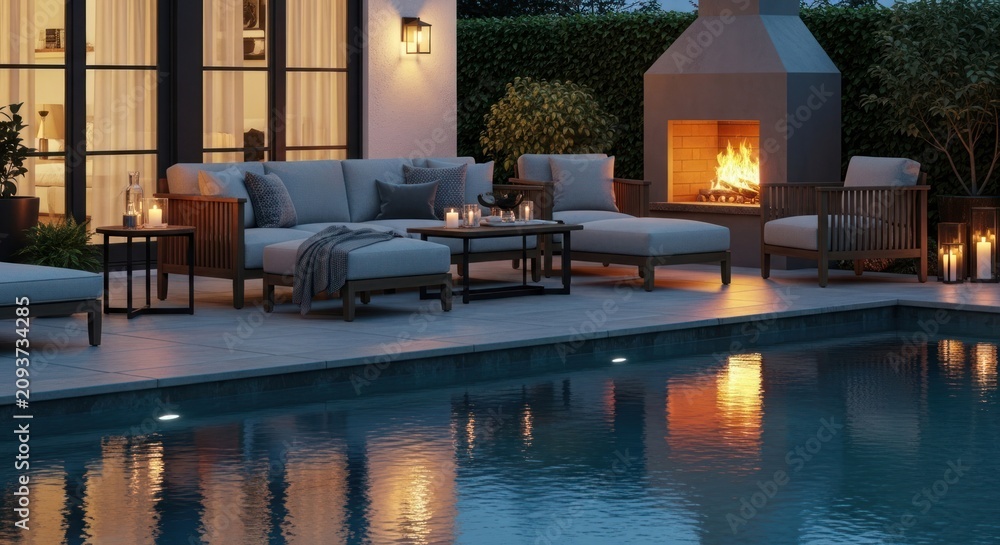 Obraz premium Elegant outdoor living space with a pool and fireplace at night.