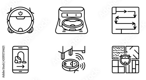 6 Robot Vacuum icons, cleaning, smart home, navigation, app control, outline solid styles, UI and web interface design