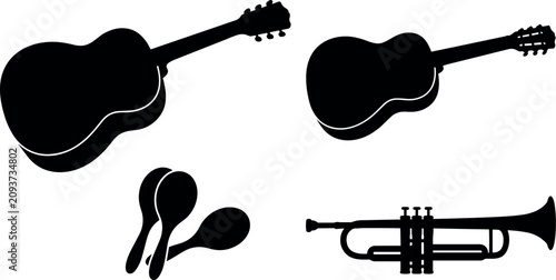 Obraz na plátně Musical instruments collection featuring guitar maracas and trumpet in black silhouette style