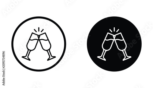 Two champagne glasses clinking together to celebrate a special occasion in circular icon format with both outline and solid black vector designs for event planning marketing materials