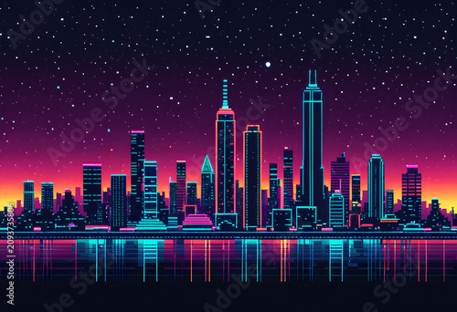 Retro urban skyline with neon glowing city buildings