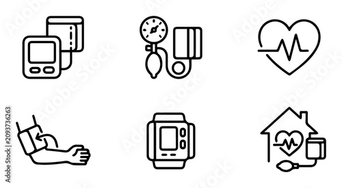 6 Medical icons for blood pressure monitoring, heart health, and wearable tech, outline solid styles, UI and web interface design