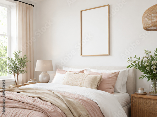 Bild auf Leinwand Blank vertical wooden poster frame mockup hanging on a white wall above a double bed with pink and white pillows and an olive plant in a bright bedroom