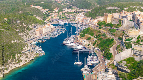 Konstfotografi Aerial view of Bonifacio marina and historic harbor, Corsica, France, surrounded